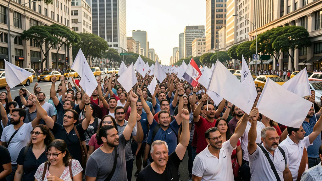 Imagem gerada por IA: Apoiadores participam de um ato de campanha na avenida Paulista.