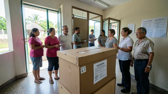 Imagem gerada por IA: Eleitores aguardam para votar em uma seção eleitoral, ao lado de uma urna.