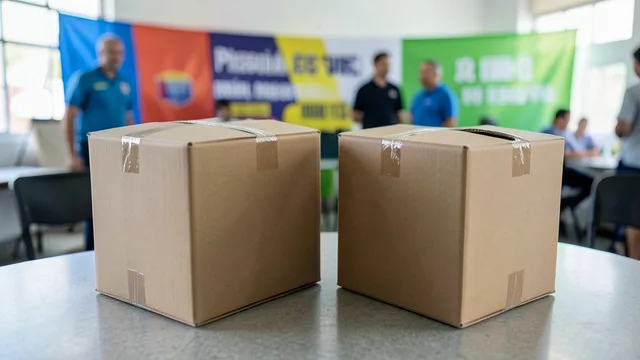 Imagem gerada por IA: Urnas eleitorais em uma seção de votação, com materiais de campanha desfocados ao fundo.