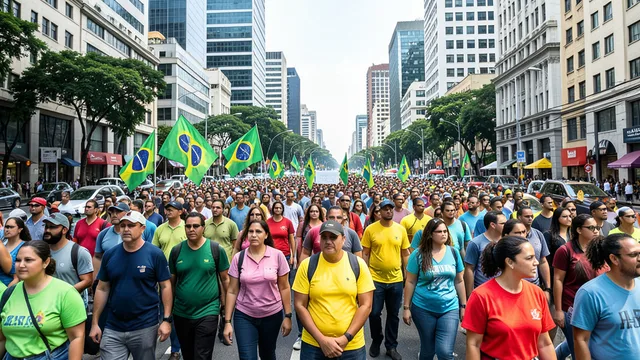 Apoiadores caminham pela Avenida Paulista durante um ato de campanha, com prédios e bandeiras ao fundo.
