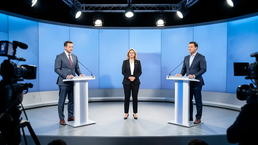 Imagem gerada por IA: Dois candidatos em púlpitos durante um debate em um estúdio de televisão.
