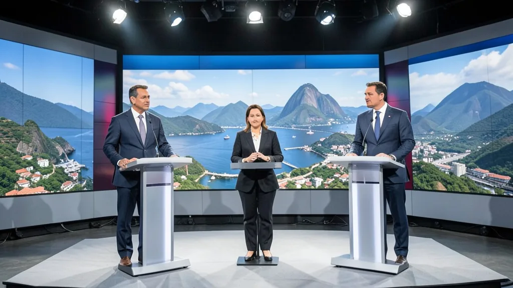 Imagem gerada por IA: Dois candidatos em púlpitos durante um debate em um estúdio de televisão.