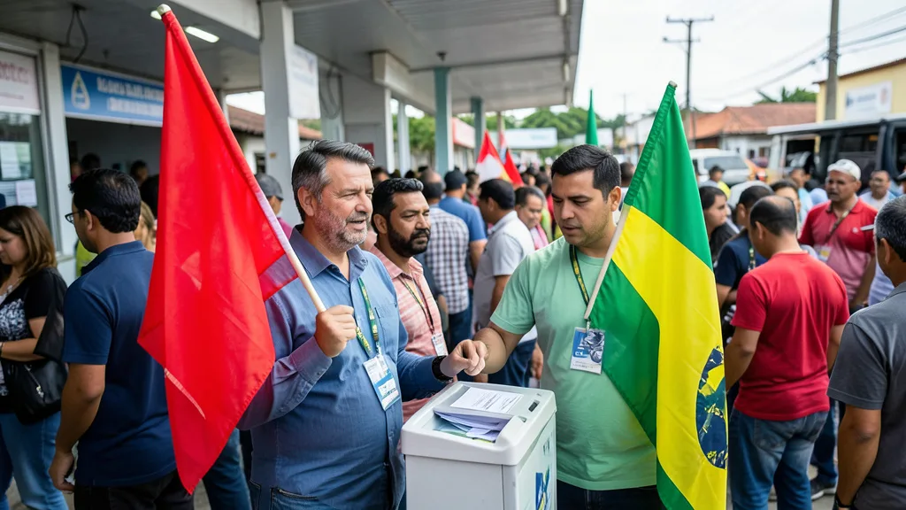 Imagem gerada por IA: Apoiadores com bandeiras em uma seção eleitoral no dia da votação.