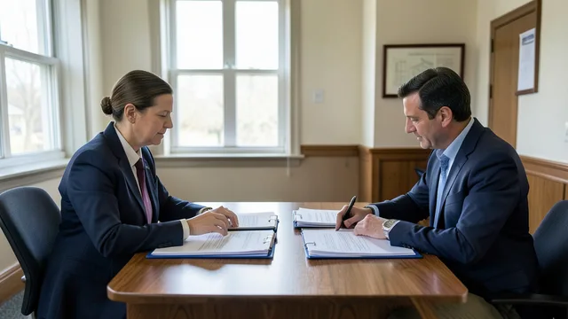 Imagem gerada por IA: Representantes genéricos analisam pastas de documentos em uma sala institucional.