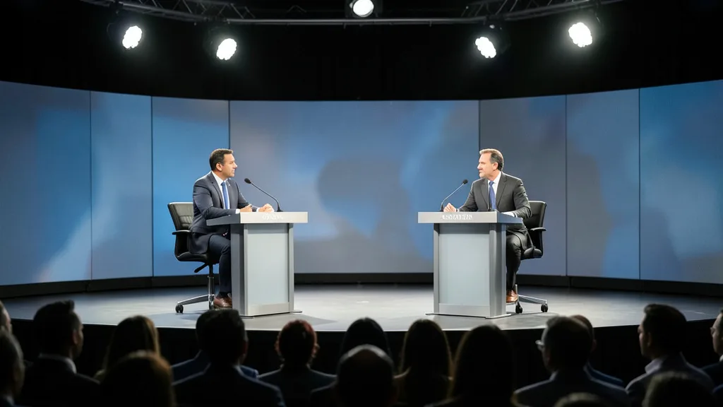 Imagem gerada por IA: Dois candidatos genéricos se enfrentam em um debate televisionado, diante de microfones e câmeras.