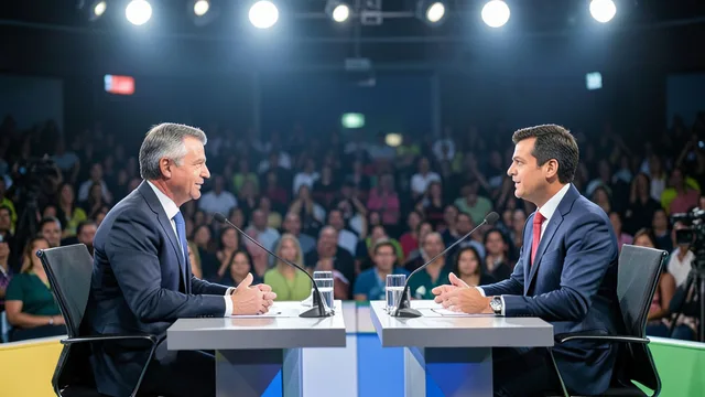 Imagem gerada por IA: Dois candidatos participam de um debate eleitoral em um estúdio de televisão.