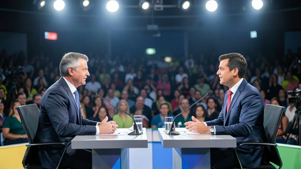 Imagem gerada por IA: Dois candidatos participam de um debate eleitoral em um estúdio de televisão.