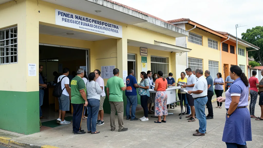Imagem gerada por IA: Eleitores chegam a uma escola usada como local de votação no primeiro turno das eleições.