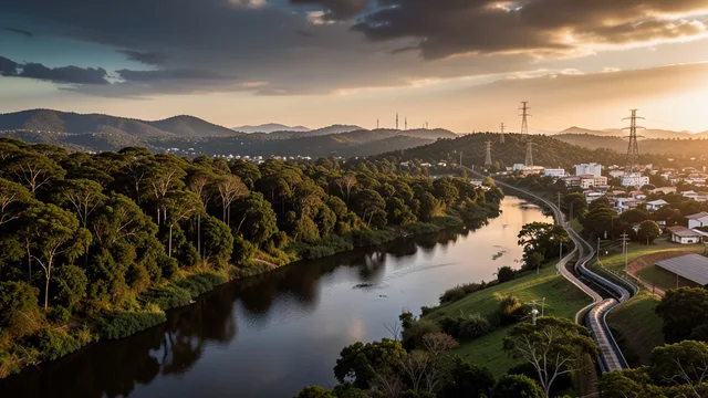 Imagem gerada por IA: Paisagem brasileira com floresta, rio, estruturas de drenagem urbana e painéis solares ao fundo.
