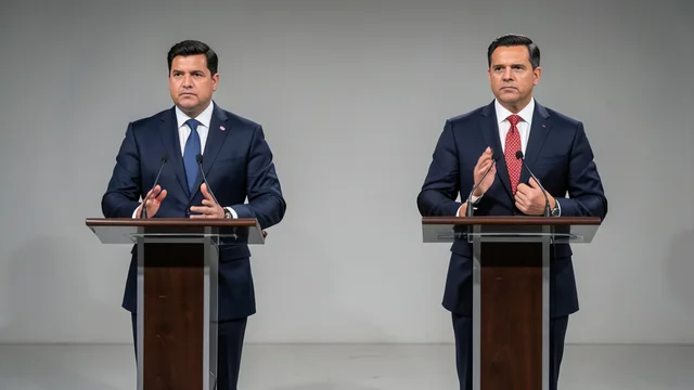 Imagem gerada por IA: Dois candidatos à Presidência em púlpitos separados durante um debate televisivo.