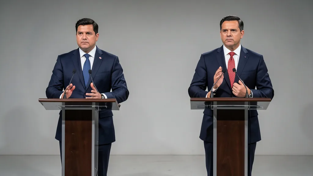 Imagem gerada por IA: Dois candidatos à Presidência em púlpitos separados durante um debate televisivo.