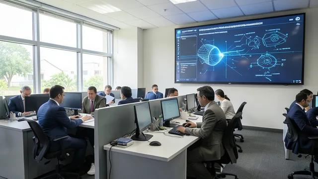Imagem gerada por IA: Servidores trabalham em computadores em um escritório público moderno.