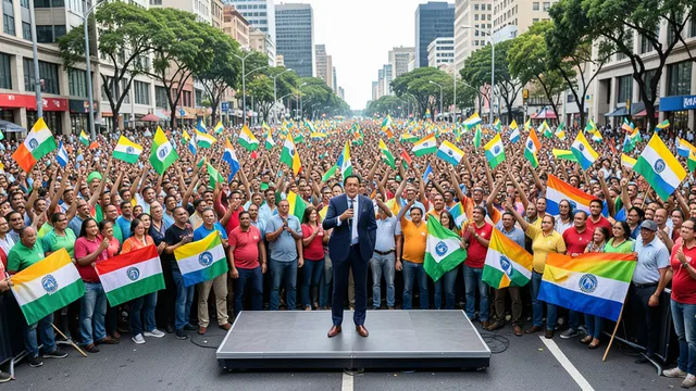 Imagem gerada por IA: Candidato discursa em palanque diante de apoiadores em uma avenida.