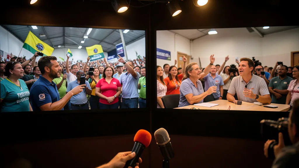 Imagem gerada por IA: Estúdio de campanha eleitoral com microfone e pessoas falando a apoiadores.