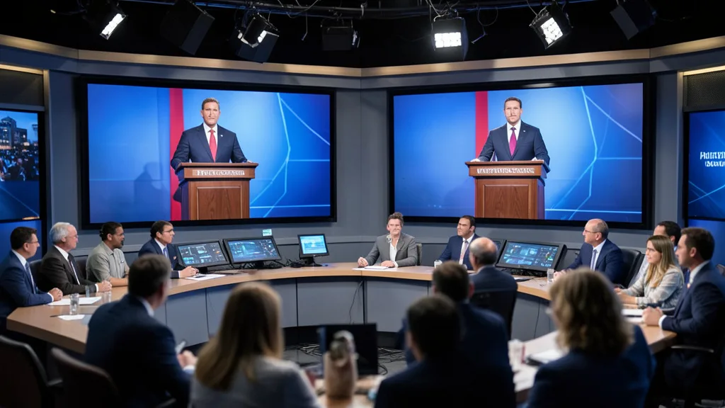 Imagem gerada por IA: Estúdio de televisão com telas exibindo uma transmissão eleitoral e equipe acompanhando a programação.