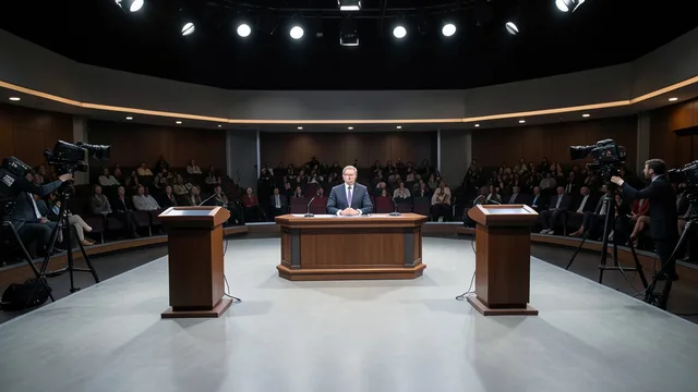 Imagem gerada por IA: Palco de debate presidencial em estúdio de televisão, com dois púlpitos e câmeras de transmissão.