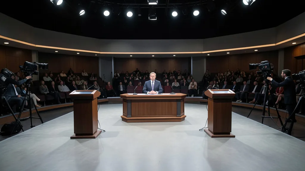 Imagem gerada por IA: Palco de debate presidencial em estúdio de televisão, com dois púlpitos e câmeras de transmissão.