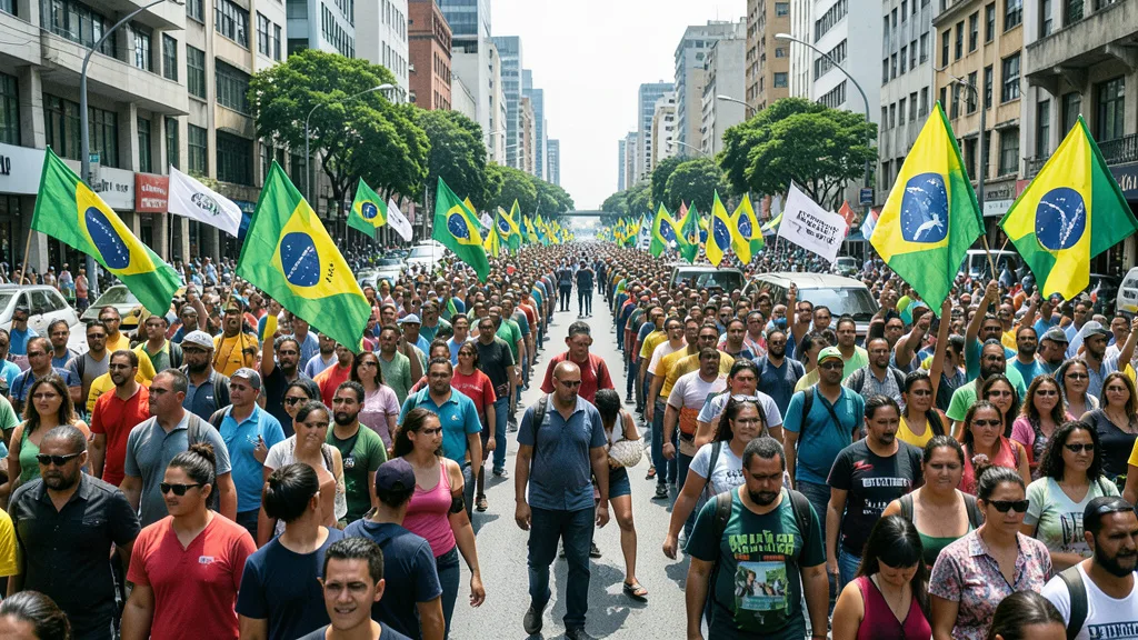 Imagem gerada por IA: Apoiadores acompanham uma caminhada de campanha em uma avenida movimentada.