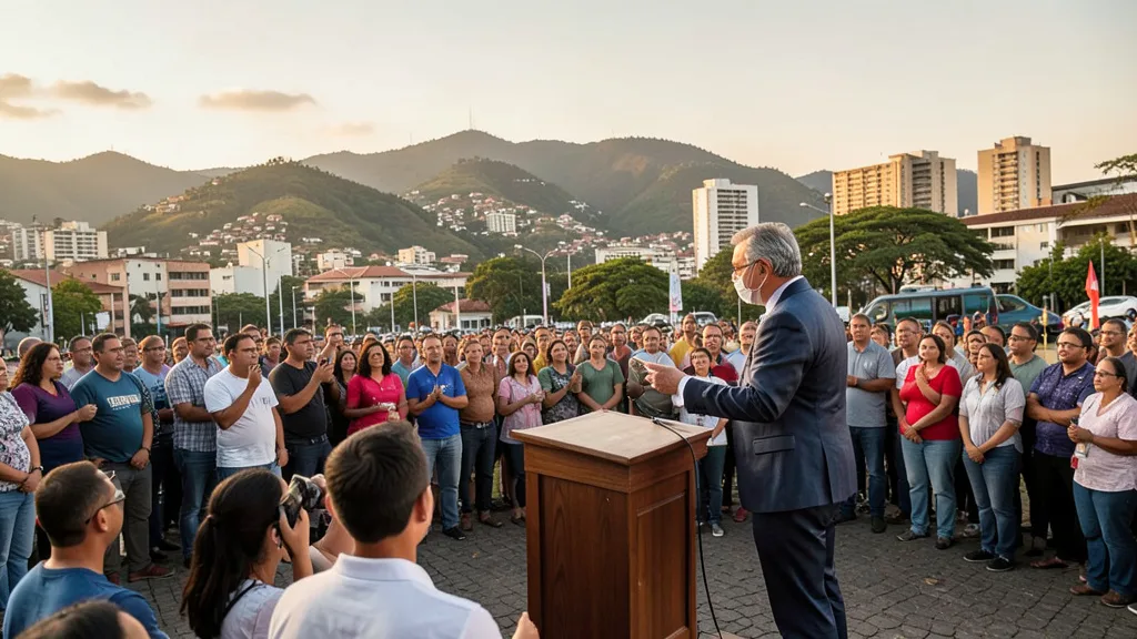 Imagem gerada por IA: Candidato discursa para apoiadores em praça pública em Minas Gerais.