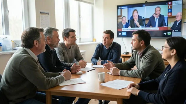 Imagem gerada por IA: Grupo de eleitores acompanha um debate e conversa em uma sala de pesquisa.