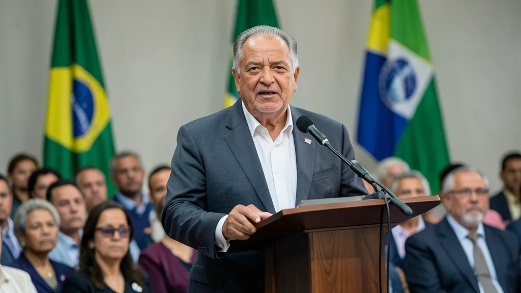 Imagem gerada por IA: Lula discursa em um evento público, com bandeiras do Brasil ao fundo.