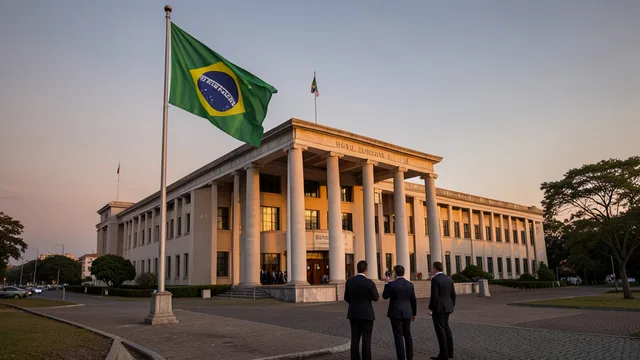 Imagem gerada por IA: Bandeira do Brasil diante do Palácio do Planalto, com diplomatas chegando ao local.