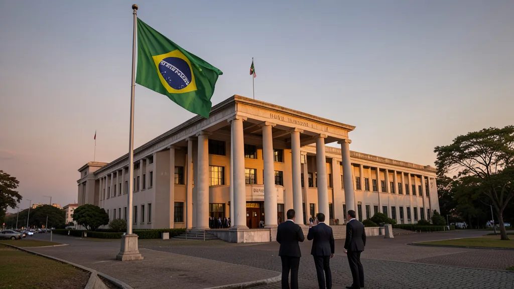 Imagem gerada por IA: Bandeira do Brasil diante do Palácio do Planalto, com diplomatas chegando ao local.