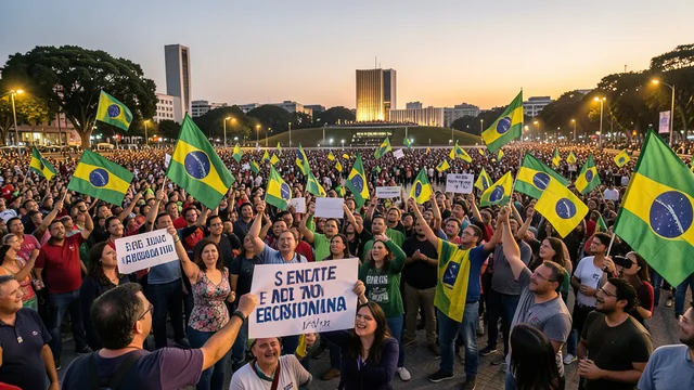 Imagem gerada por IA: Apoiadores celebram o resultado da eleição presidencial em uma praça com bandeiras do Brasil.