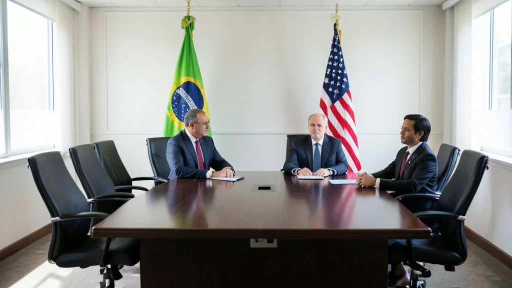 Imagem gerada por IA: Sala de reunião diplomática com as bandeiras do Brasil e dos Estados Unidos ao lado de uma mesa.