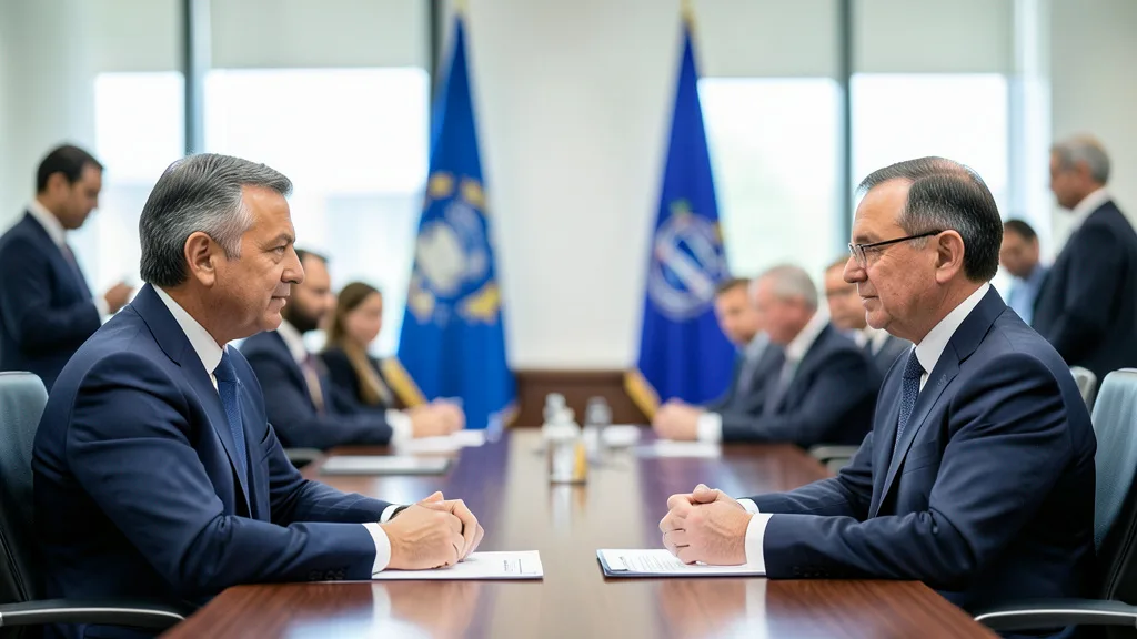 Imagem gerada por IA: Dois líderes conversam frente a frente em uma reunião diplomática.
