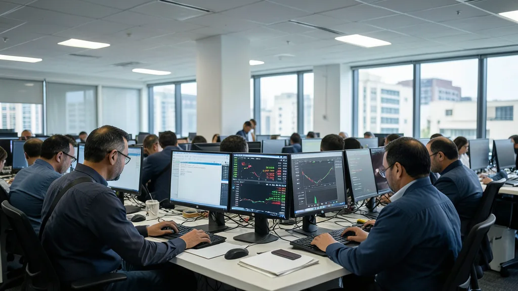 Imagem gerada por IA: Operadores acompanham os mercados financeiros em uma sala de negociação.