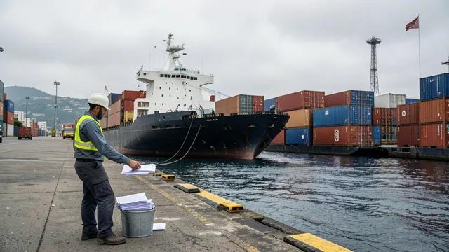Imagem gerada por IA: Trabalhador acompanha o embarque de contêineres em um porto brasileiro.