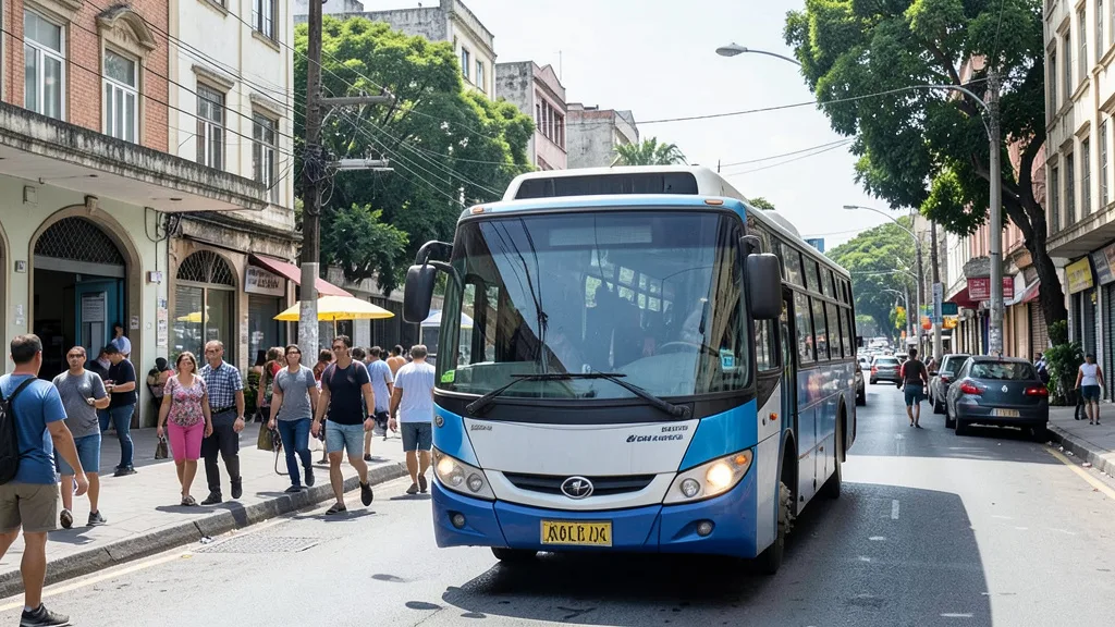 Imagem gerada por IA: Ônibus circula por uma avenida urbana movimentada, com passageiros embarcando.