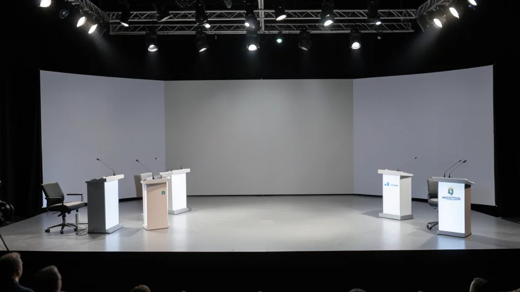 Palco de debate presidencial com púlpitos vazios e iluminação de estúdio.