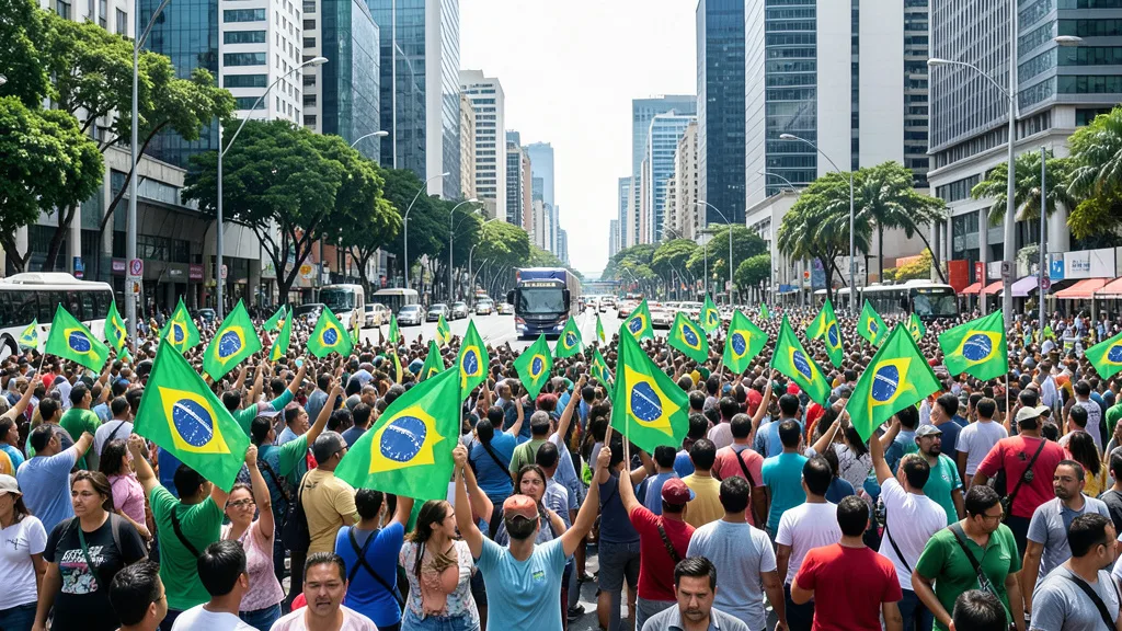 Imagem gerada por IA: Apoiadores reunidos na Avenida Paulista durante um ato político, com bandeiras brasileiras.
