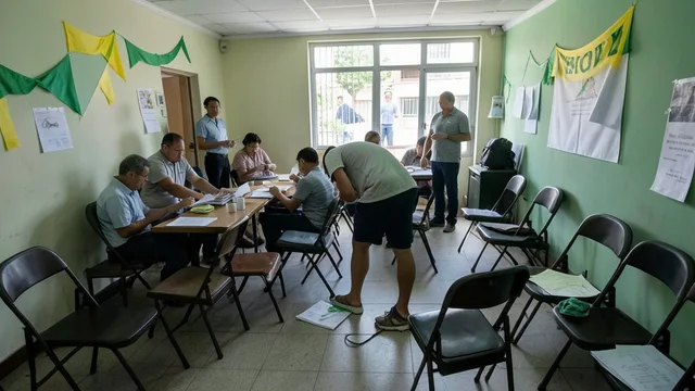 Imagem gerada por IA: Um organizador prepara cadeiras e materiais em uma sala para um evento de campanha política.