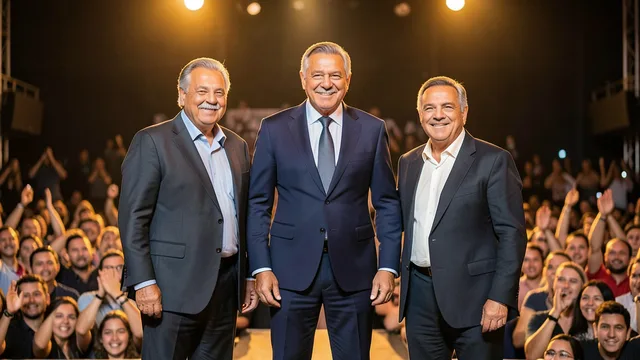 Imagem gerada por IA: Lula ao lado de Geraldo Alckmin e André Janones durante celebração da vitória em um palco.