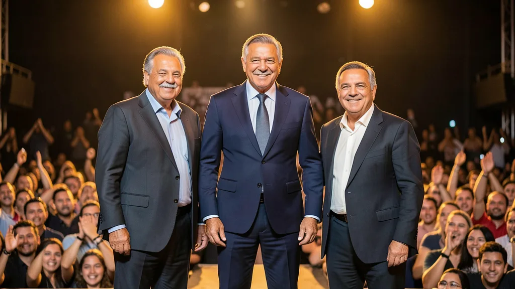 Imagem gerada por IA: Lula ao lado de Geraldo Alckmin e André Janones durante celebração da vitória em um palco.