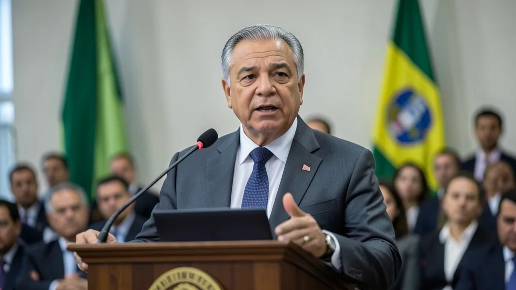Imagem gerada por IA: Lula discursa em um púlpito em um evento público, com bandeiras do Brasil ao fundo.