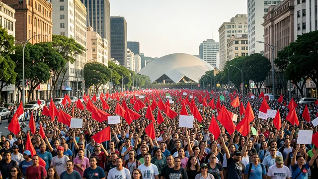 Imagem gerada por IA: Multidão participa de ato político na avenida Paulista, em São Paulo.