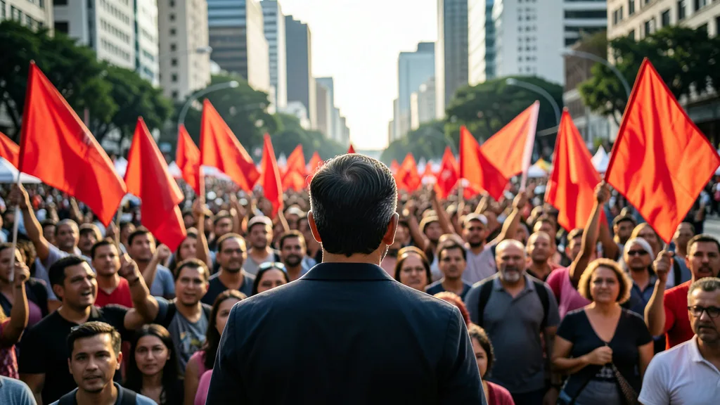 Multidão acompanha um comício de campanha em uma praça urbana brasileira.