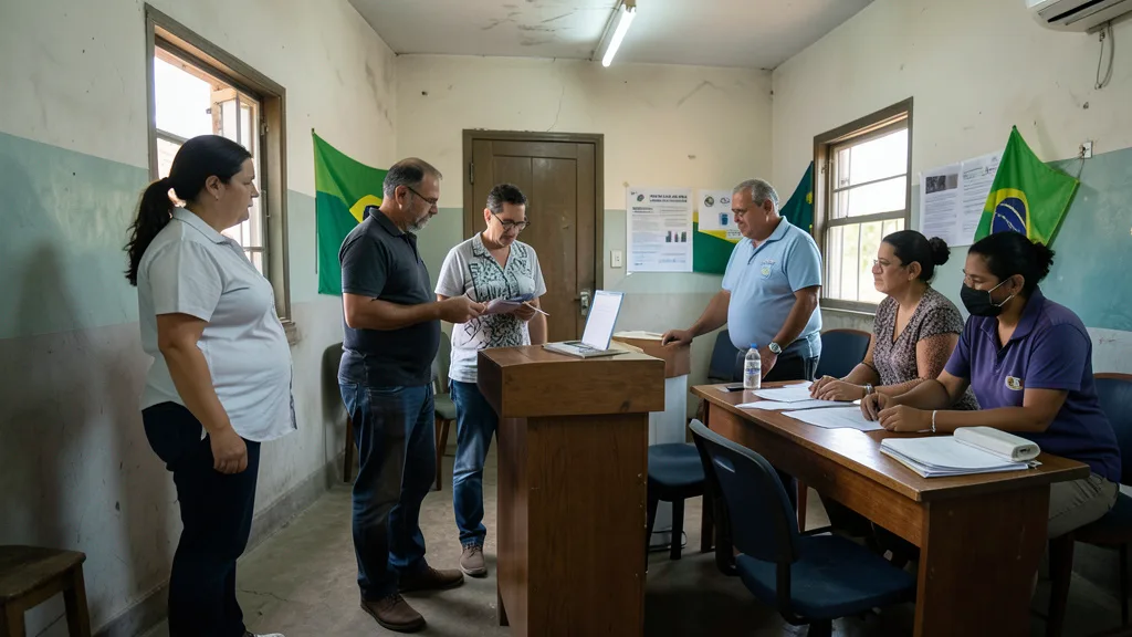 Imagem gerada por IA: Eleitores votam em uma seção eleitoral brasileira instalada no exterior.
