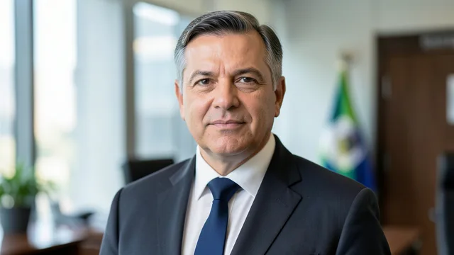 Imagem gerada por IA: Rodrigo Pacheco em retrato formal, com fundo institucional desfocado.