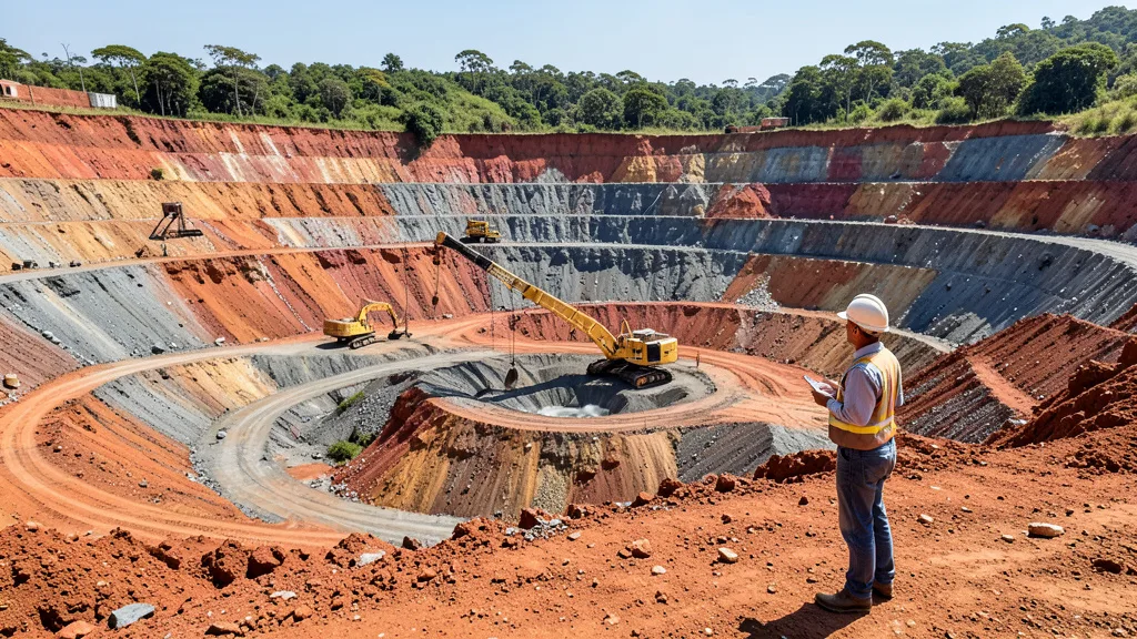 Imagem gerada por IA: Mina a céu aberto com equipamentos de extração e uma pessoa observando a área.