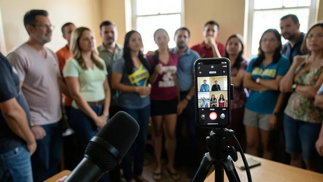 Imagem gerada por IA: Celular em um tripé transmite uma live de campanha acompanhada por apoiadores.