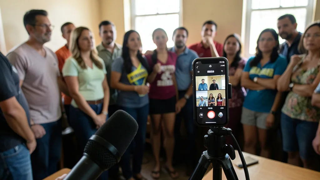 Imagem gerada por IA: Celular em um tripé transmite uma live de campanha acompanhada por apoiadores.