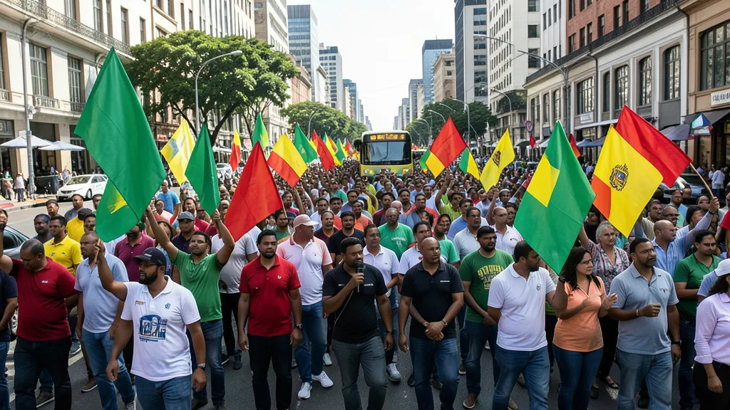 Imagem gerada por IA: Apoiadores acompanham uma caminhada de campanha em uma rua movimentada.