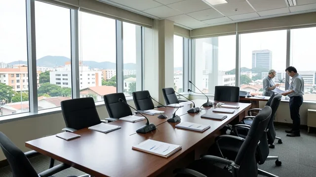 Imagem gerada por IA: Sala de reunião em Brasília preparada para conversas políticas, com mesa, cadeiras e microfones.