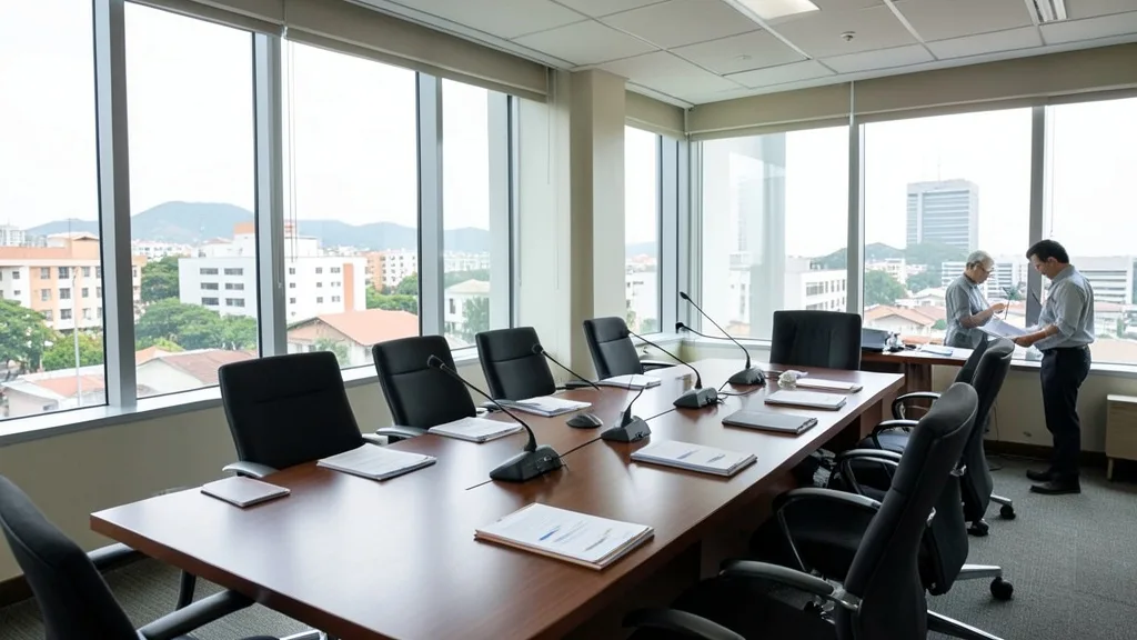 Imagem gerada por IA: Sala de reunião em Brasília preparada para conversas políticas, com mesa, cadeiras e microfones.