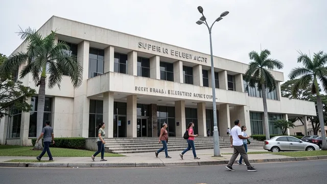 Imagem gerada por IA: Fachada do Tribunal Superior Eleitoral, em Brasília, com pessoas caminhando diante do prédio.
